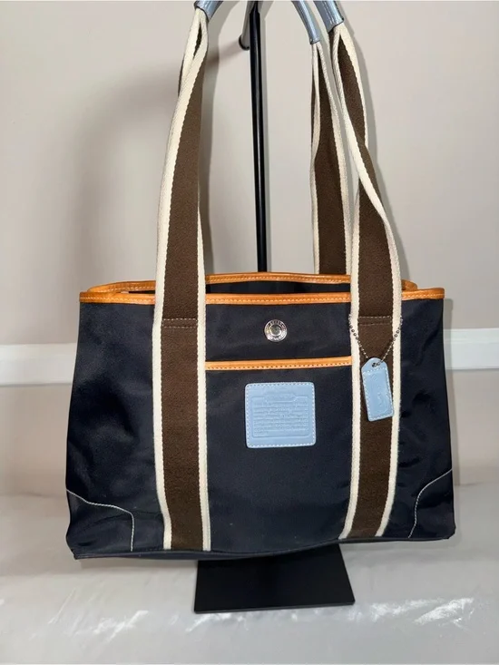 Coach Navy Canvas Tote with Brown Straps