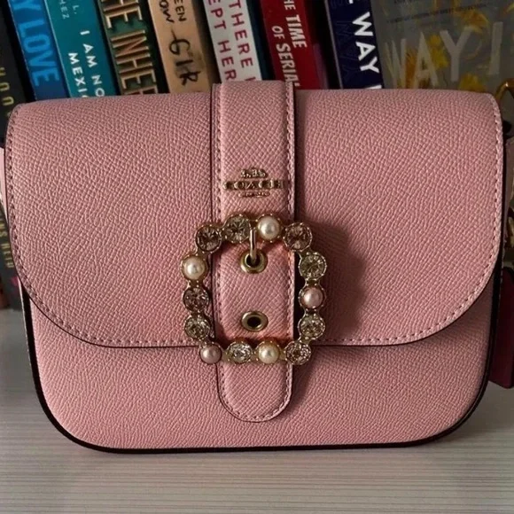 Coach Pink Leather Crossbody with Jeweled Pearl Buckle