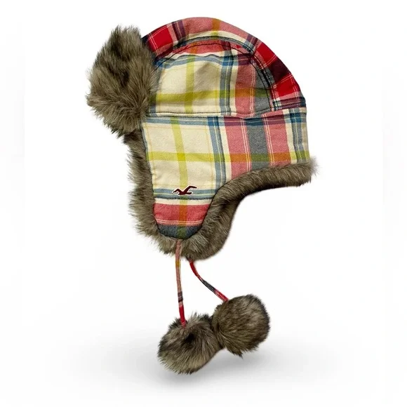 Hollister Plaid Faux Fur Trapper Hat One Size Winter Pom Pom Ear Flap