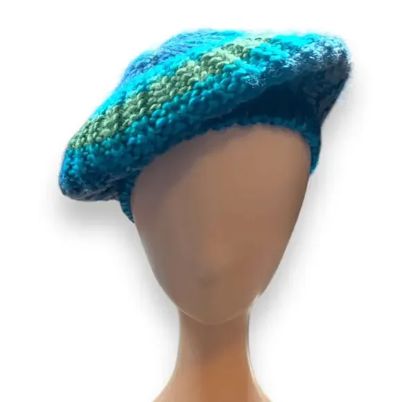 Knit Beret Hat Green Blue Tonal Shades Slouchy‎ Multicolor Winter Cap Warm