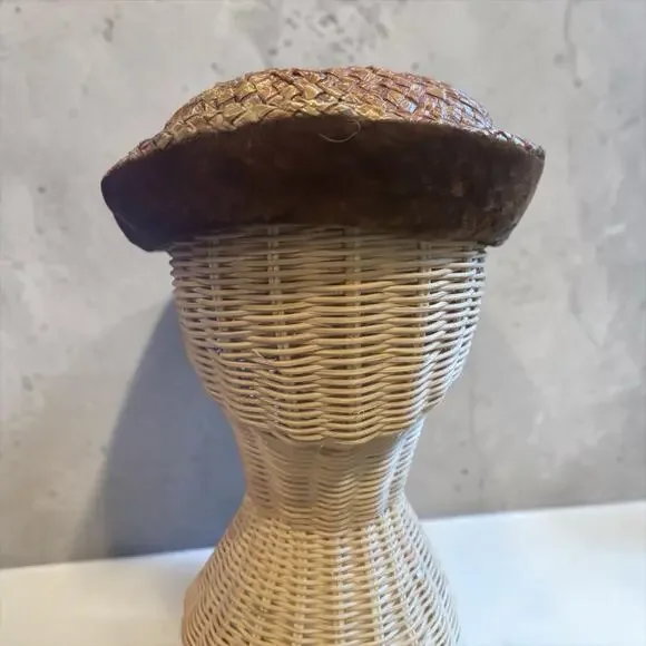 40s Brown Velvet Trim Woven Straw Tilt Hat Cocktail Fascinator Size 22