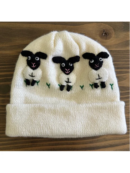 Baby Sheep Knit Beanie White Black Handmade Winter Hat Infant Toddler