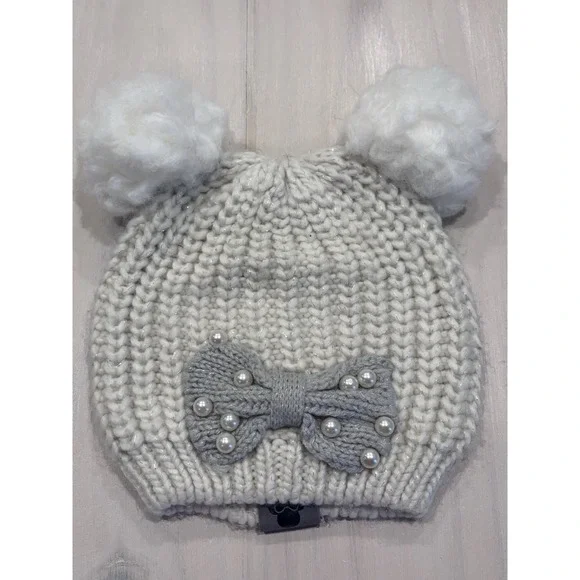 Disney Parks Adult Cream Knit Beanie Hat‎ Faux Fur Pom Poms Bow One Size