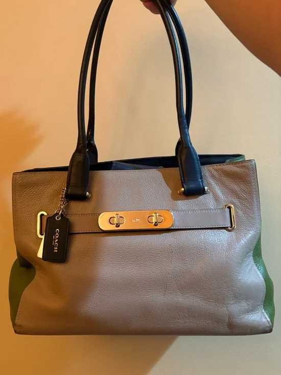 COACH leather colorblock handbag in olive/taupe/black