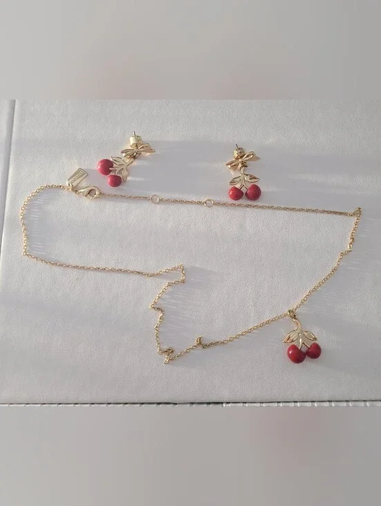 Coach Gold-Tone Cherry Necklace and Earrings - Red