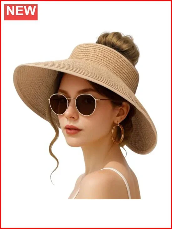 Wide Brim Straw Sun Visor Hat Women UPF 50+ Foldable Packable