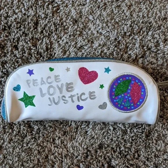 VTG Justice Girl Pencil Pouch Wristlet Case Zip Glitter Peace Love Heart New