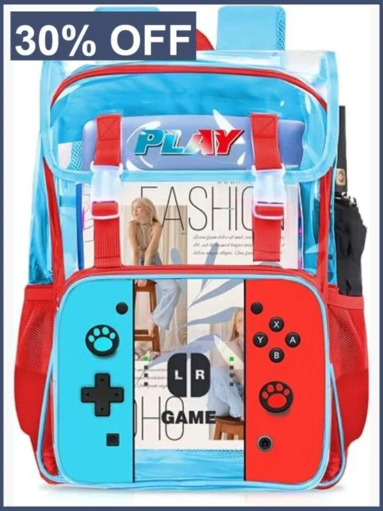 Kids Clear Backpack Boys Gamer Design Heavy Duty PVC Transparent Bookbag with