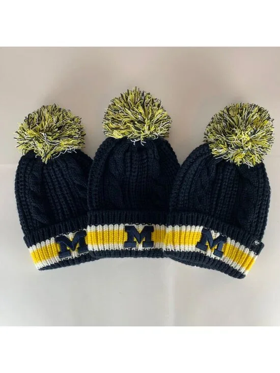 Lot of 3 Michigan Wolverines NCAA Womens Navy Blue Gold 47 Knit Pom Beanie Caps