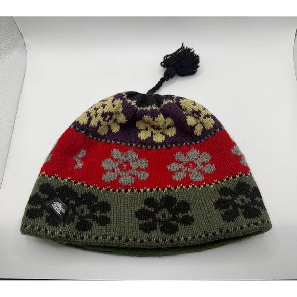 Vintage 90's Turtle Fur Floral Color Block Wool Tassel Pom Adult Snow Beanie USA
