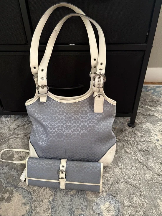 Coach blue and white mini c small shoulder bag with matching wristlet