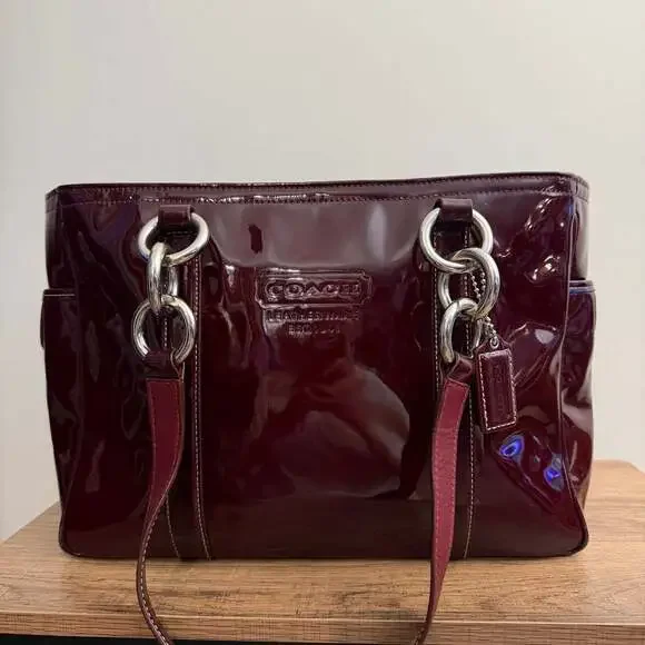Coach Burgundy Patent Leather Tote Bag with Turnlock Pockets