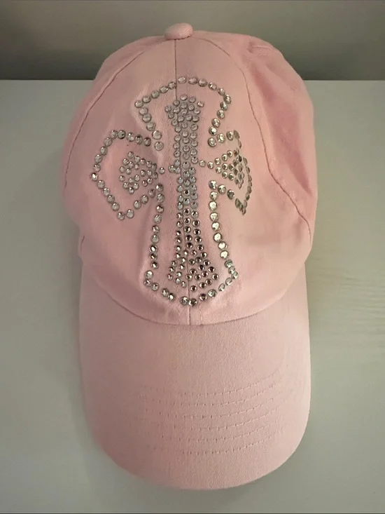 Pink Baseball Cap with Rhinestone Cross