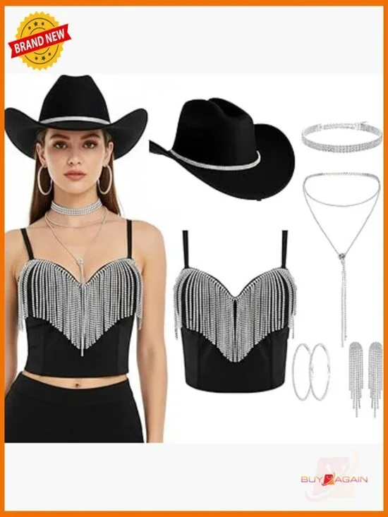 7-Piece Cowgirl Outfit Set Rhinestone Hat Choker Earrings Tank Top