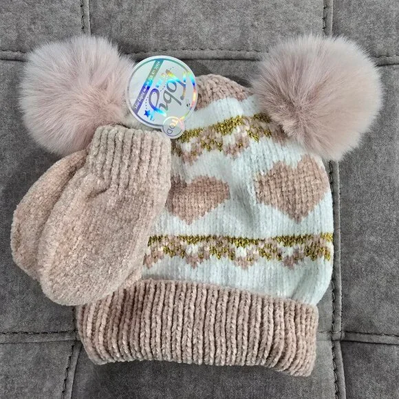 NWT Toby & Me Toddler Double Pom Hat and Mitten Set