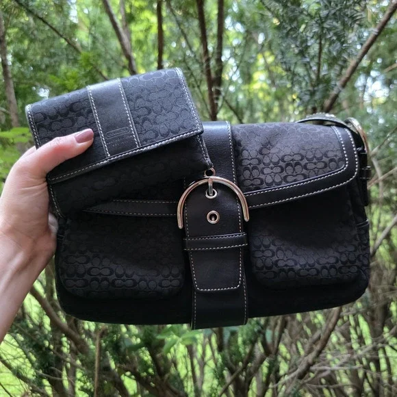 Coach Vintage Y2K Soho Flap Double Pocket Black Mini C Signature Matching Wallet