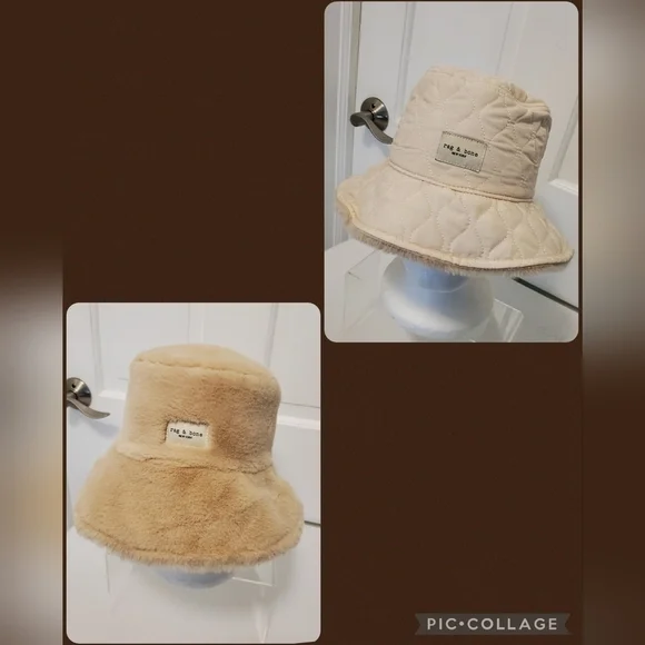 Rag & Bone Reversible Faux Fur/Quilted Bucket Hat Light Beige S/M, Cute