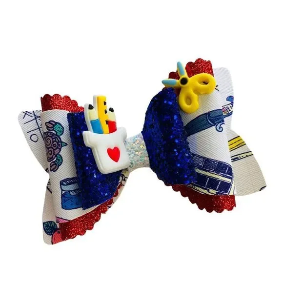 BACK to SCHOOL Hair Bow Clips for Girls Handmade NEW
