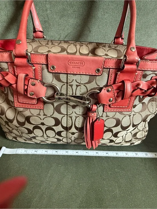 Coach Tan Signature Canvas Tote with Coral Leather Trim