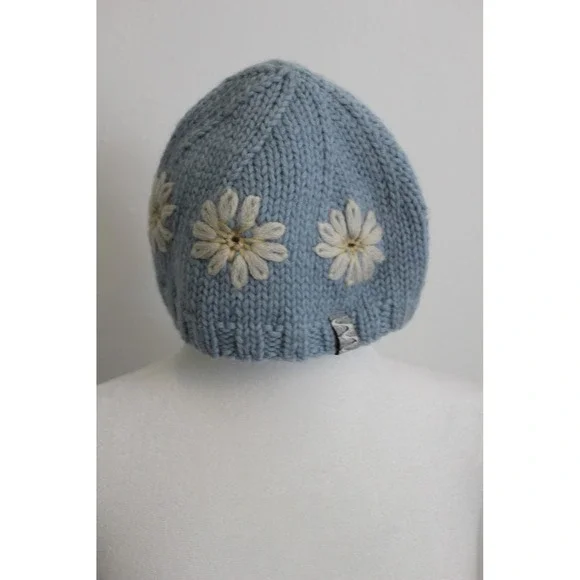 Blue 100% Wool Chunky Knit Daisy Floral Beanie Winter Hat Embroidered‎