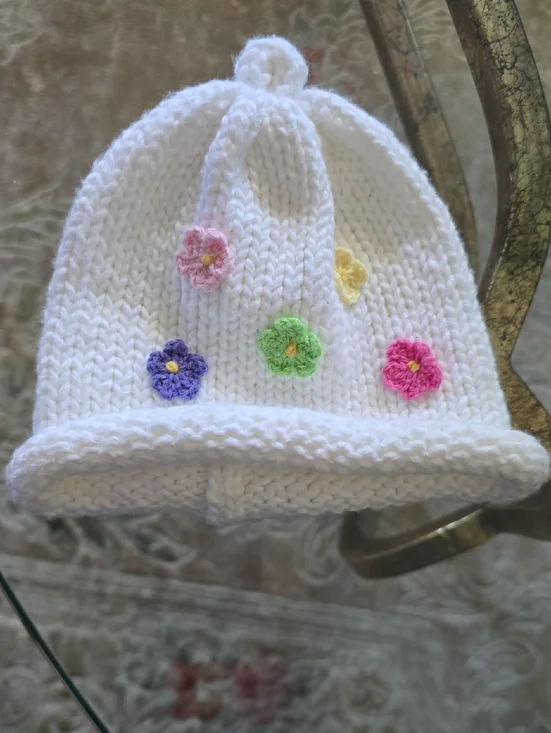 Baby Hat White Hand Knit 100% Cotton Colorful Flower Appliqués U.S.A. Size XS