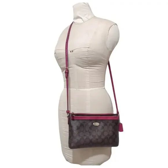 COACH East/West Pop Up Crossbody Dark Brown Fuchsia Contrast w/ Removeable Bag