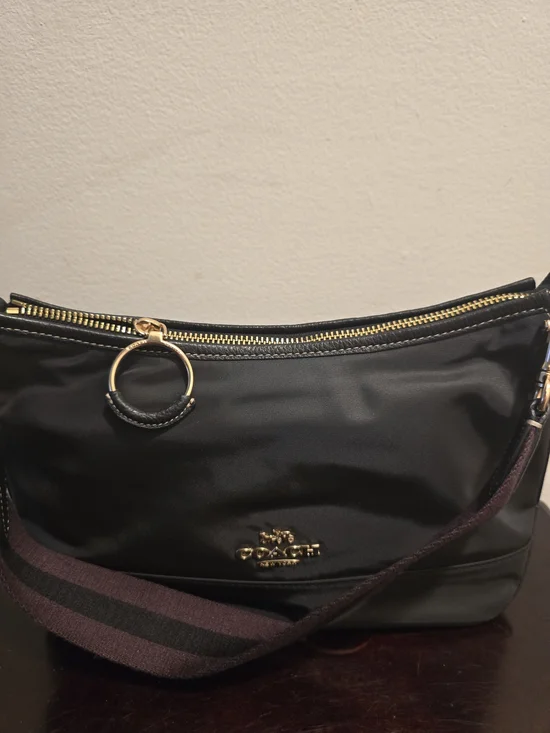 Coach Black Nylon Shoulder Bag with Gold Hardware and Striped Strap