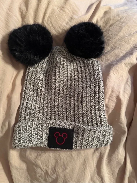 Grey Knit Beanie with Black Pom Poms