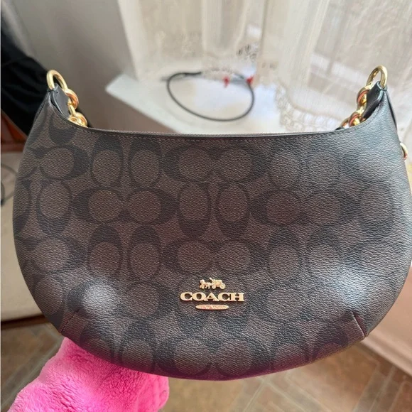 Coach Brown and Black Signature Crescent Shoulder Bag with Gold Hardware