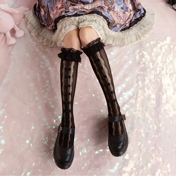 Retro Vintage Style Bow Accent Knee High Socks‎ Flirty Ruffle Trim Soft Lace