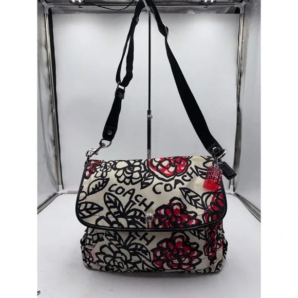 Coach Poppy Graffiti Floral Messenger Bag F16915 Crossbody Red Black Cream