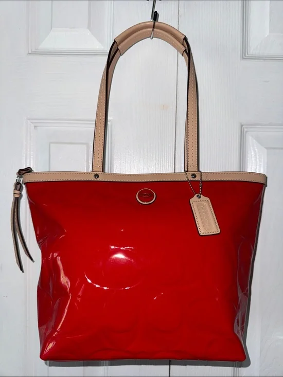 Coach Red Patent Tote with Tan Trim
