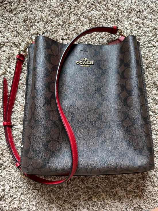 Coach Brown Signature Canvas Tote with Red Strap