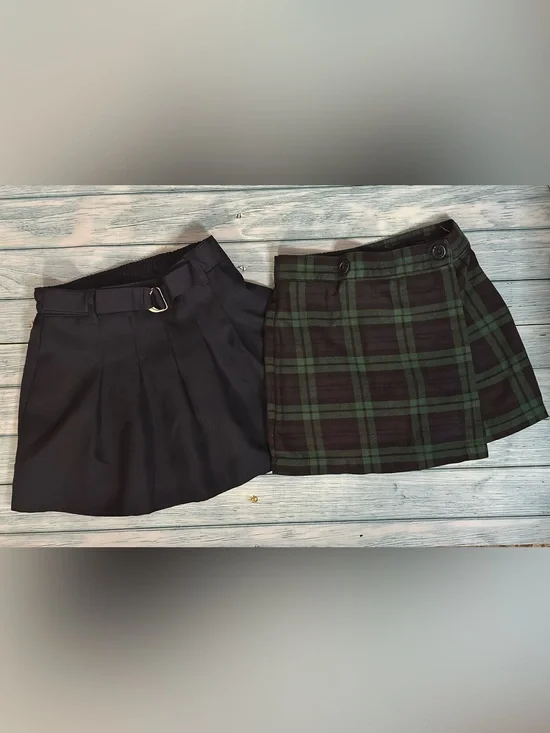 Two Pleated Mini Skirt Skorts School Uniform Navy & Green Plaid Wrap Skirt