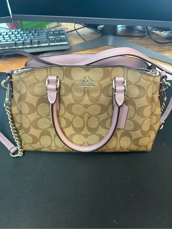 Coach Brown Signature Canvas Crossbody Satchel with Pink Trim