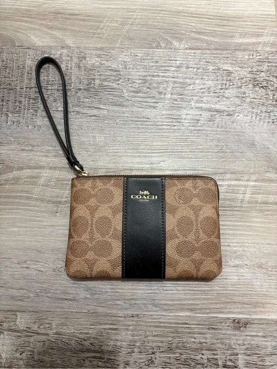 Coach Brown Signature Canvas Wristlet with Black Leather Accent and Gold Logo