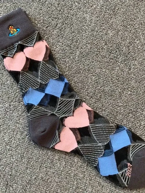 Vivienne Westwood Black Socks with Pink Hearts & Blue Argyle transparent breatha