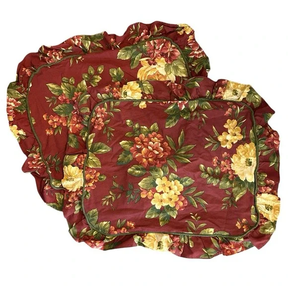 Waverly Garden Room 2 pc Set of Standard Pillow Cases Maroon Floral Ruffled (9)‎