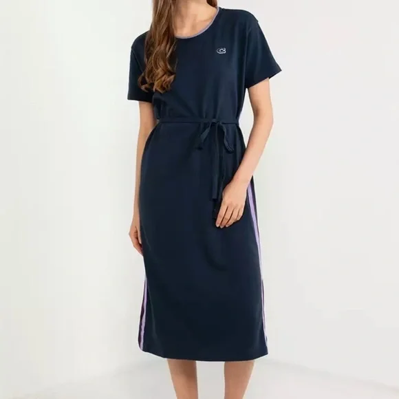 Coach Logo T-Shirt Midi Dress Blue Purple Stripe Self Tie Small M2