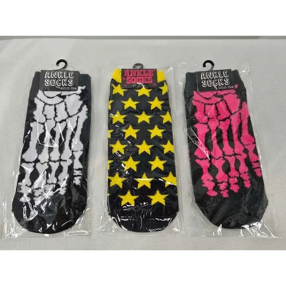 3 Pack Ankle Socks Skeleton Stars Black Pink Yellow White Punk Goth Streetwear