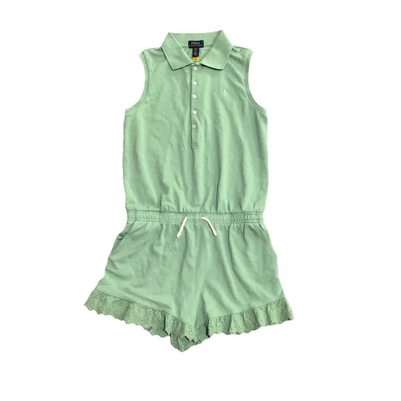 Polo Ralph Lauren Eyelet Mesh Romper Green‎ Pony Embroidered Pockets Girls XL 16