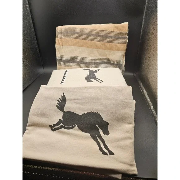 Western Horse Print Pillowcase Set Cream Tan Striped Equestrian Rustic Decor MM