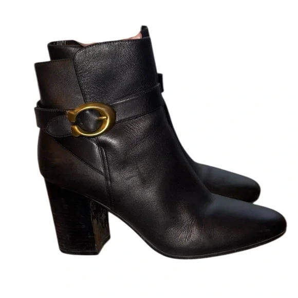 COACH‎ Delaney Signature Buckle Heel Bootie Black Leather Boots Shoes size 9