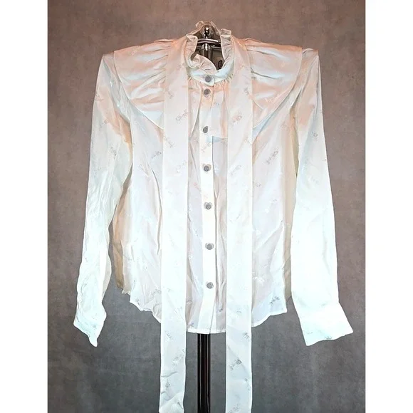 Coach Blouse Signature H & C Jacquard Shirt Long Sleeve Silk Blend White‎ Size 2