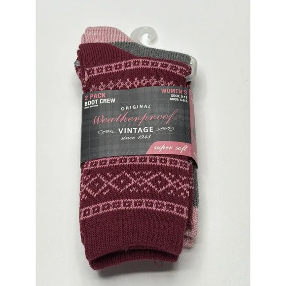 Weatherproof Vintage Women's 2 Pack Boot Crew Socks‎ Burgundy Fair Isle Soft