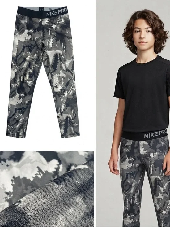 Nike Pro Training Gray Camo Leggings Kids M Running Base Layer Full Length