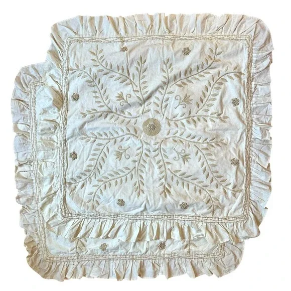 Pottery Barn Euro Pillow Shams Pair Cream Cotton Embroidered Ruffle Farmhouse
