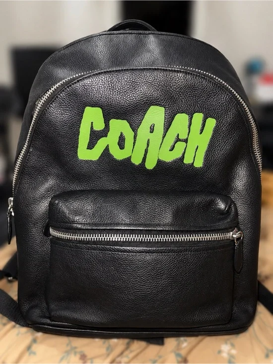 Coach Black Leather Backpack with Lime Green Logo
