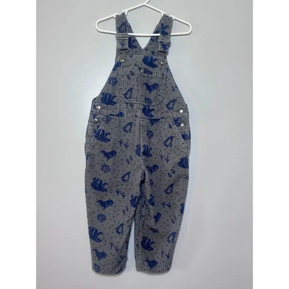 Gymboree Kids Gray Blue Arctic Animal Print Corduroy Overalls Small Penguin Bear