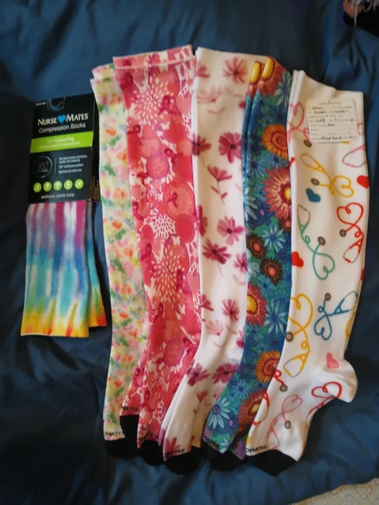 Nurse Mates Multicolor Tie-Dye & Floral Compression Socks Blue Pink Yellow BNWOT